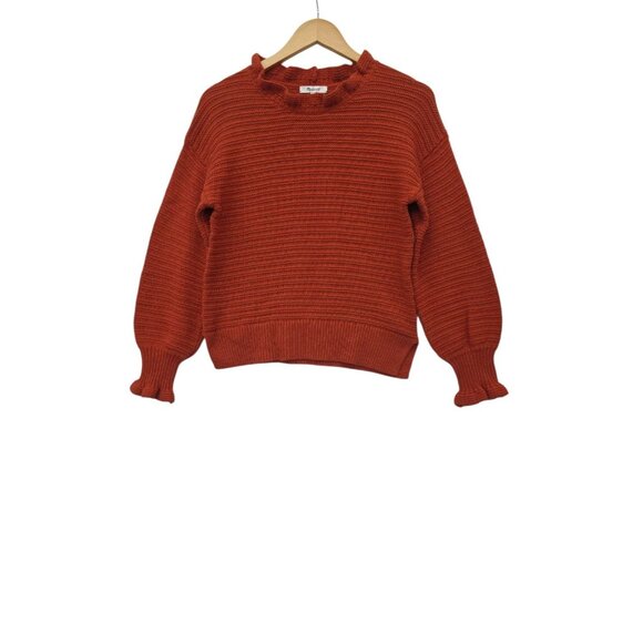 MADEWELL Ruffle-Neck Pullover Sweater Orange Cotton-Merino Yarn Size Small - Picture 1 of 11